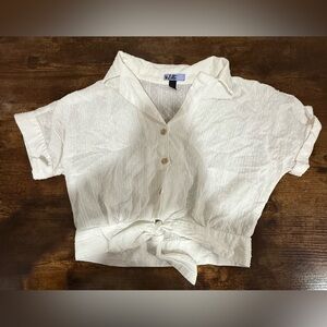 Vylette Tie Front Cream Crop V-Neck Cuffed Sleeve Button Down Shirt Shirt